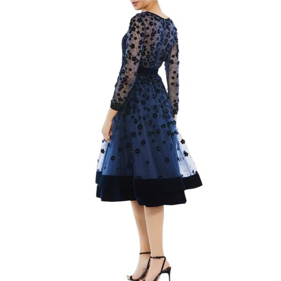 *Mac Duggal Navy Embellished Illusion High Neck Long Sleeve Fit Flare Dress – Sz - Picture 3 of 10